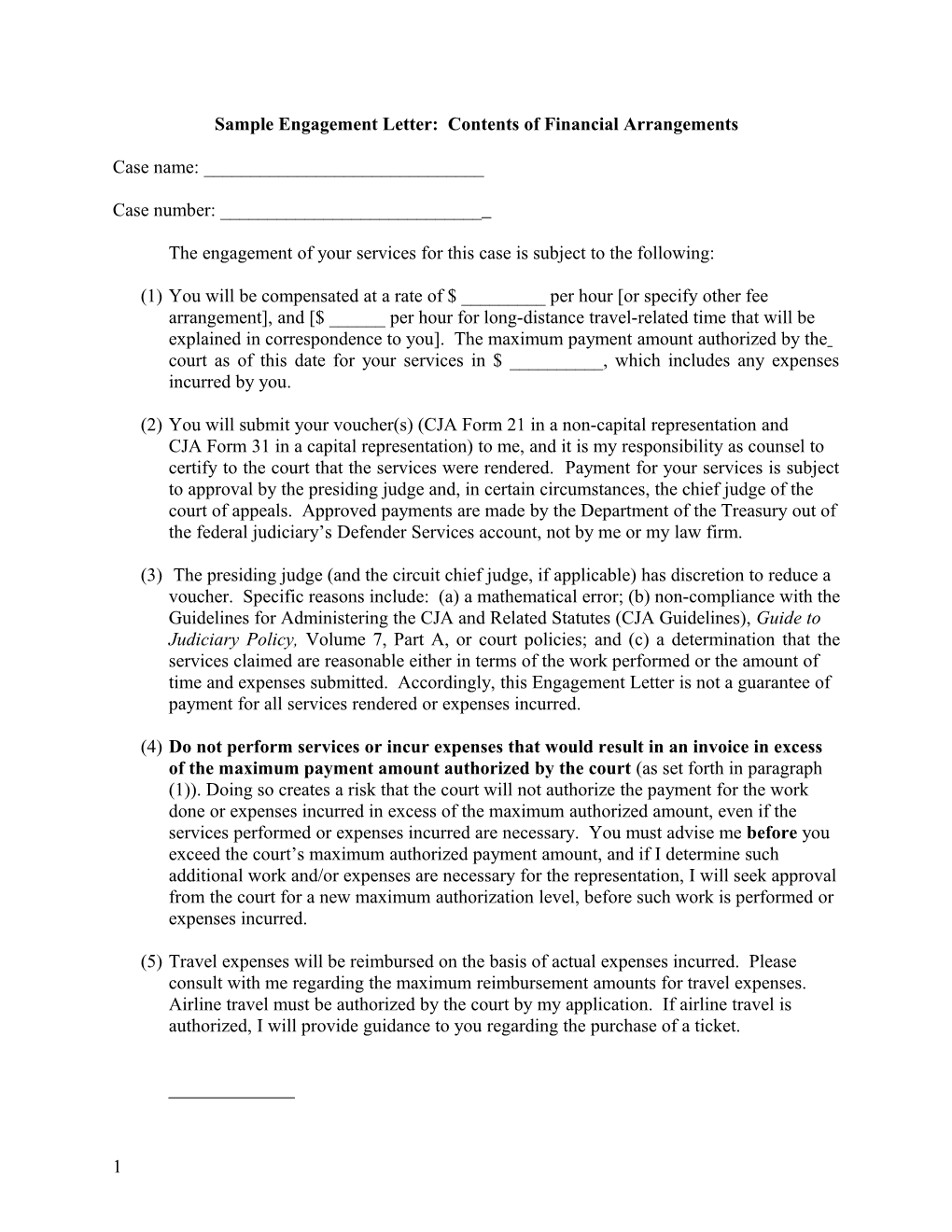 Sample Engagement Letter: Contents of Financial Arrangements