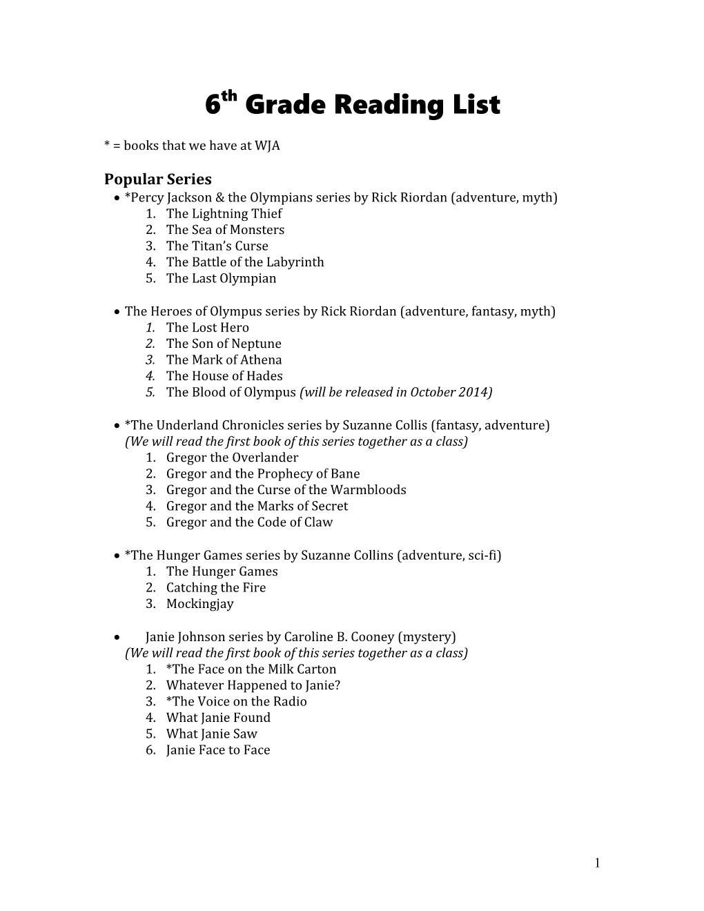 6Th Grade Reading List