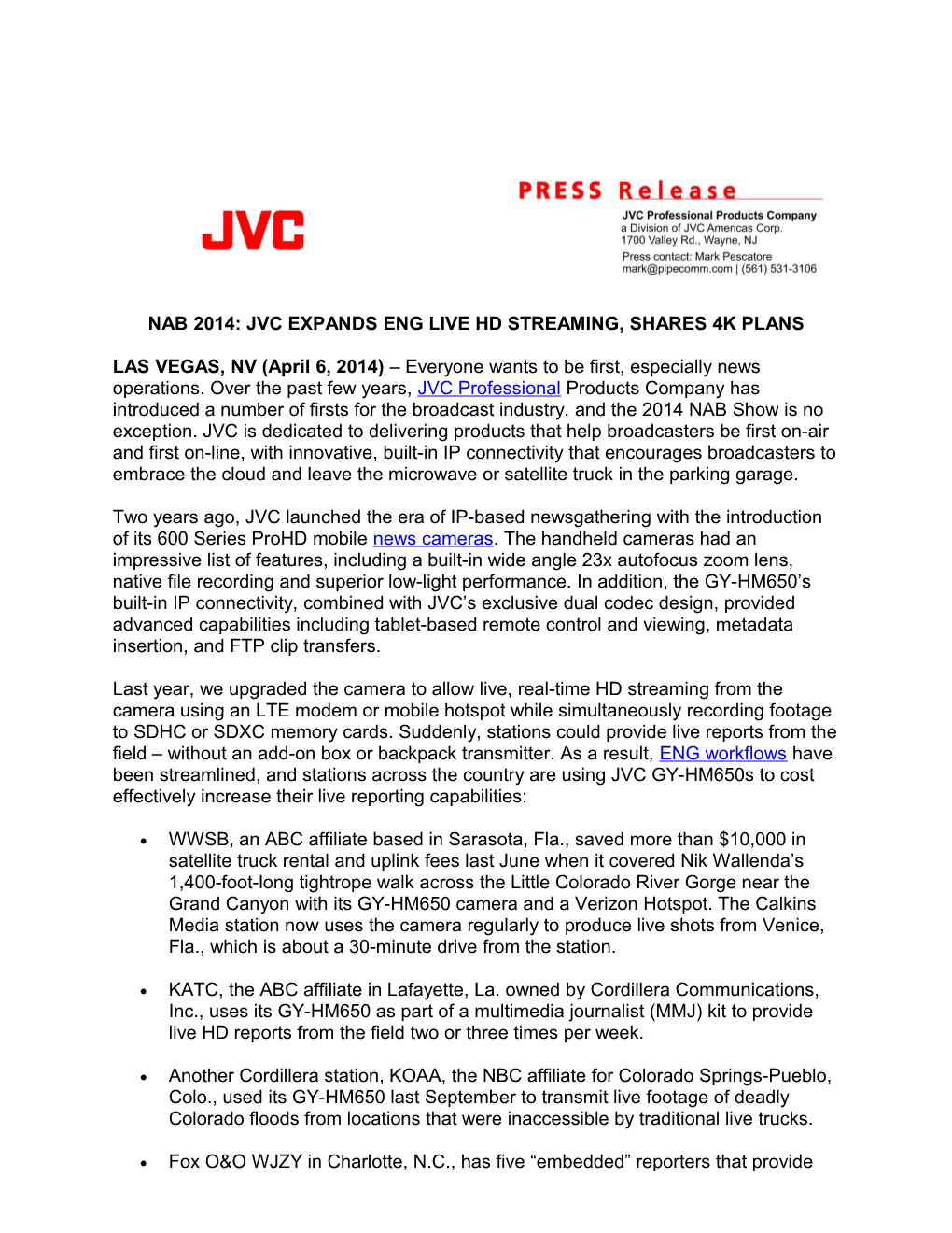 Nab 2014: Jvc Expands Eng Live Hd Streaming, Shares 4K Plans