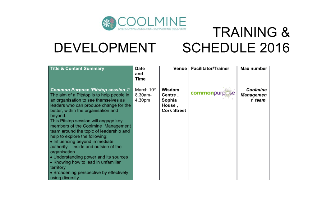 Training & Development Schedule 2016