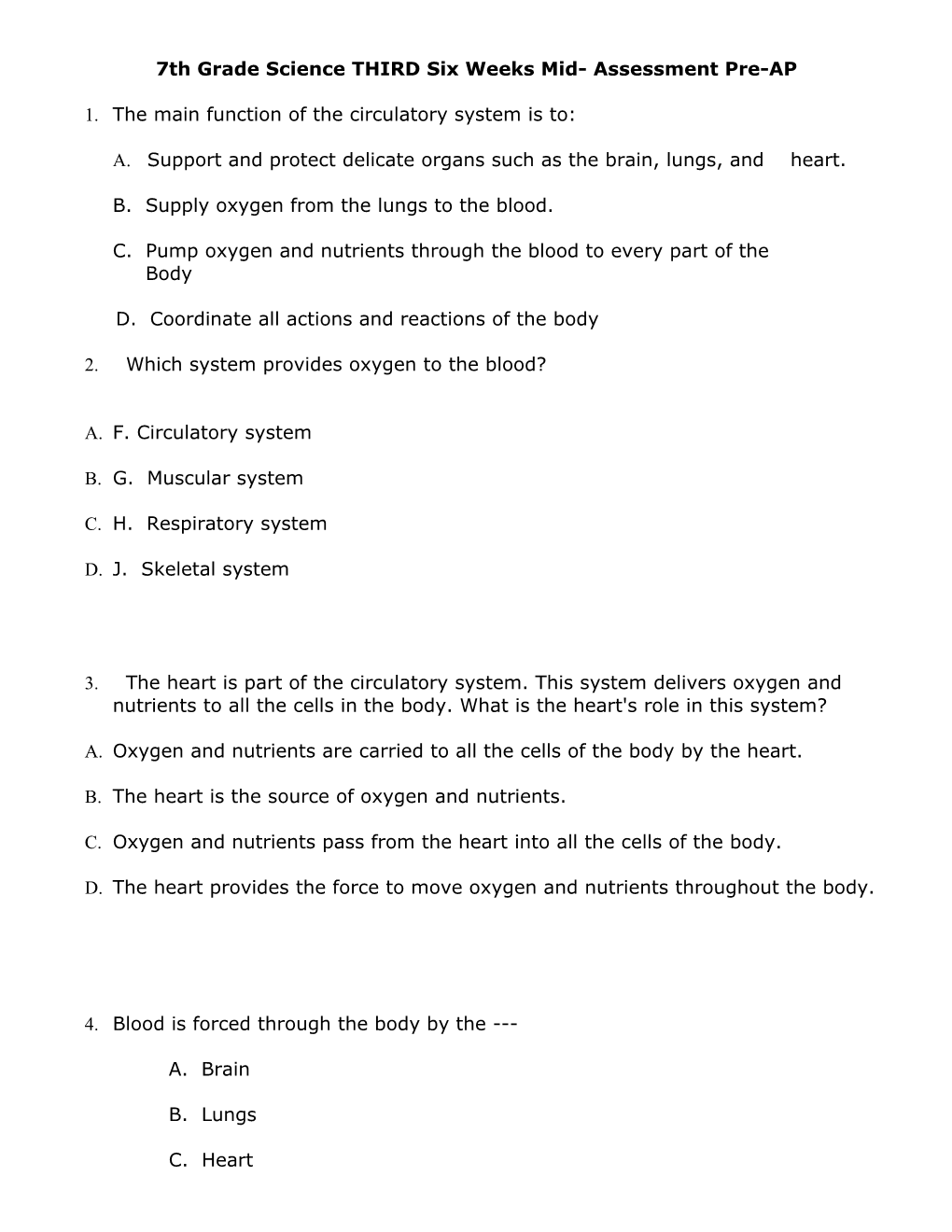 7Th Grade Science THIRD Six Weeks Mid- Assessment Pre-AP