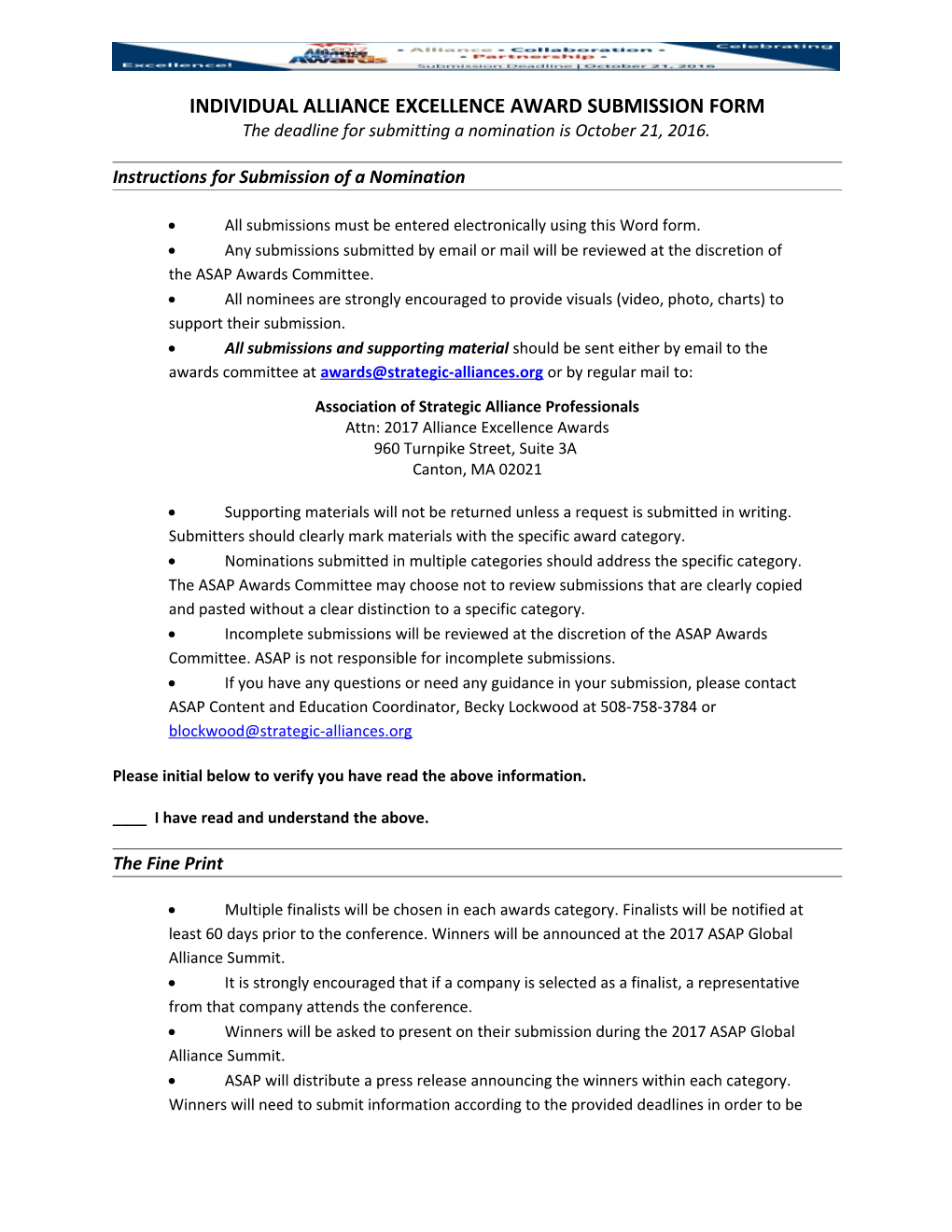 Individual Alliance Excellence Award Submission Form