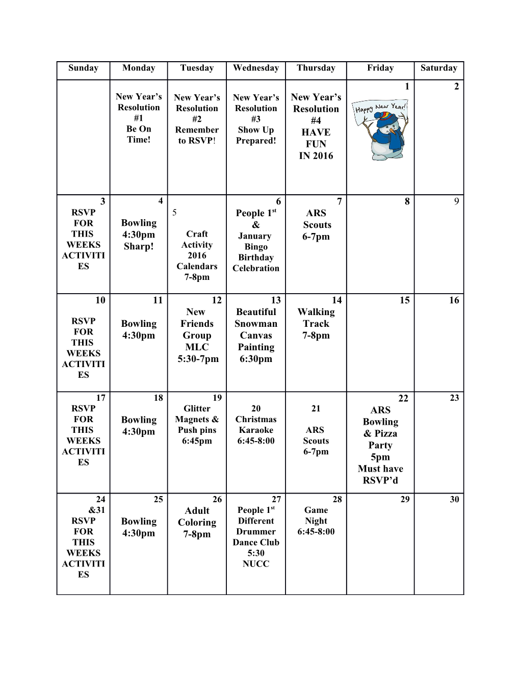 January 5Th 2016 Calendars Community Center Room 112 7-8Pm