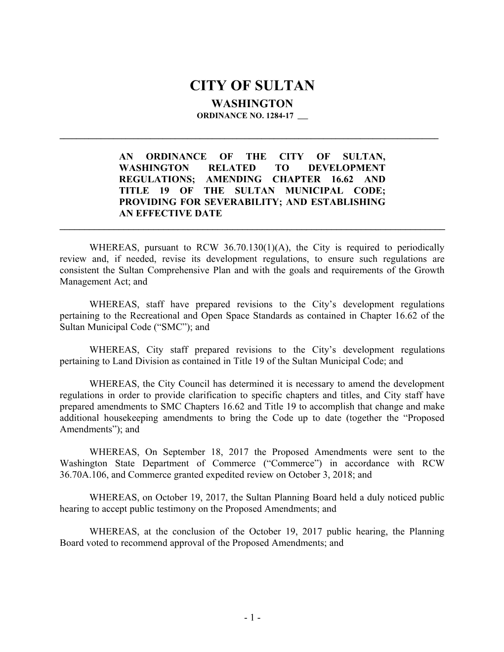 An Ordinance of the City of Sultan, Washington Related to Development Regulations; Amending