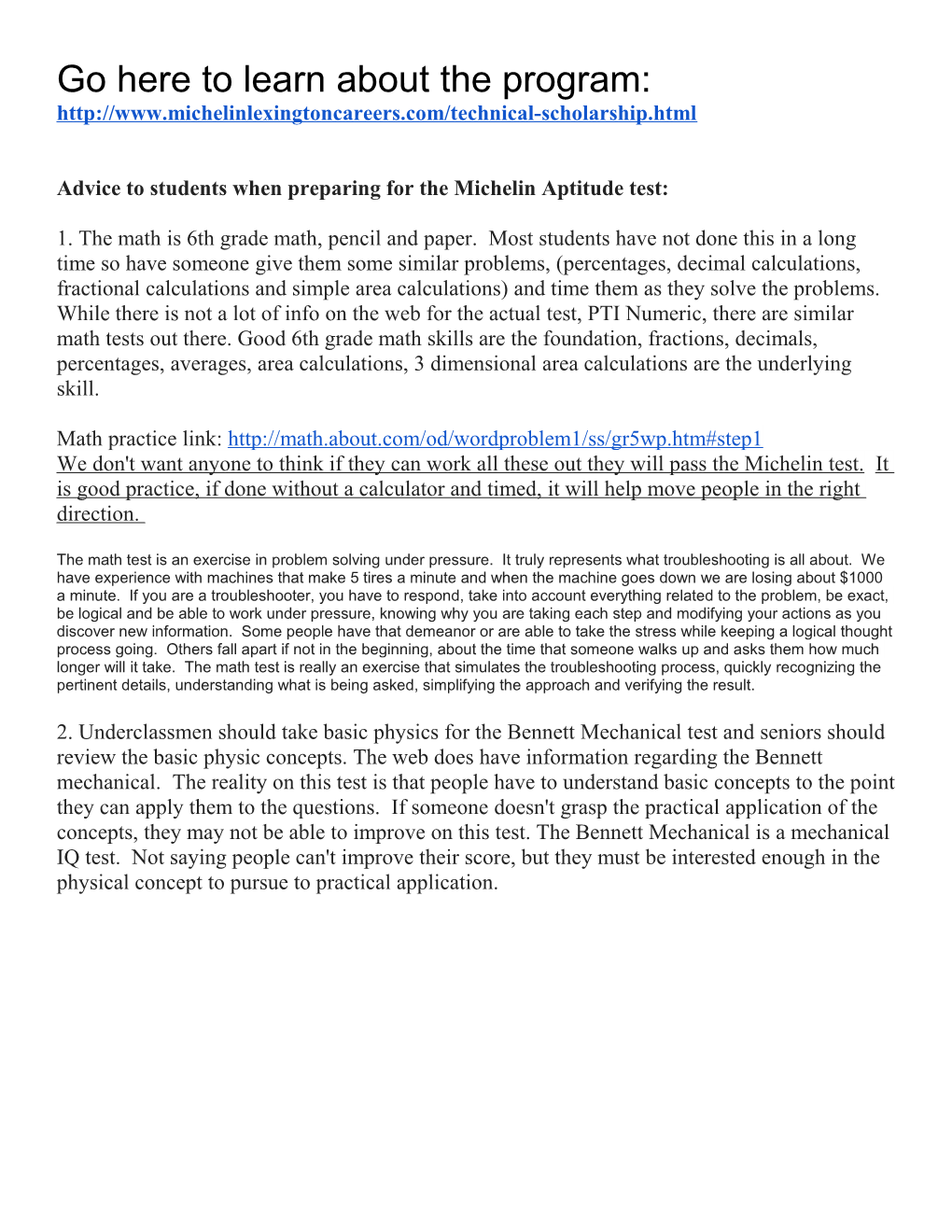 Advice to Students When Preparing for the Michelin Aptitude Test