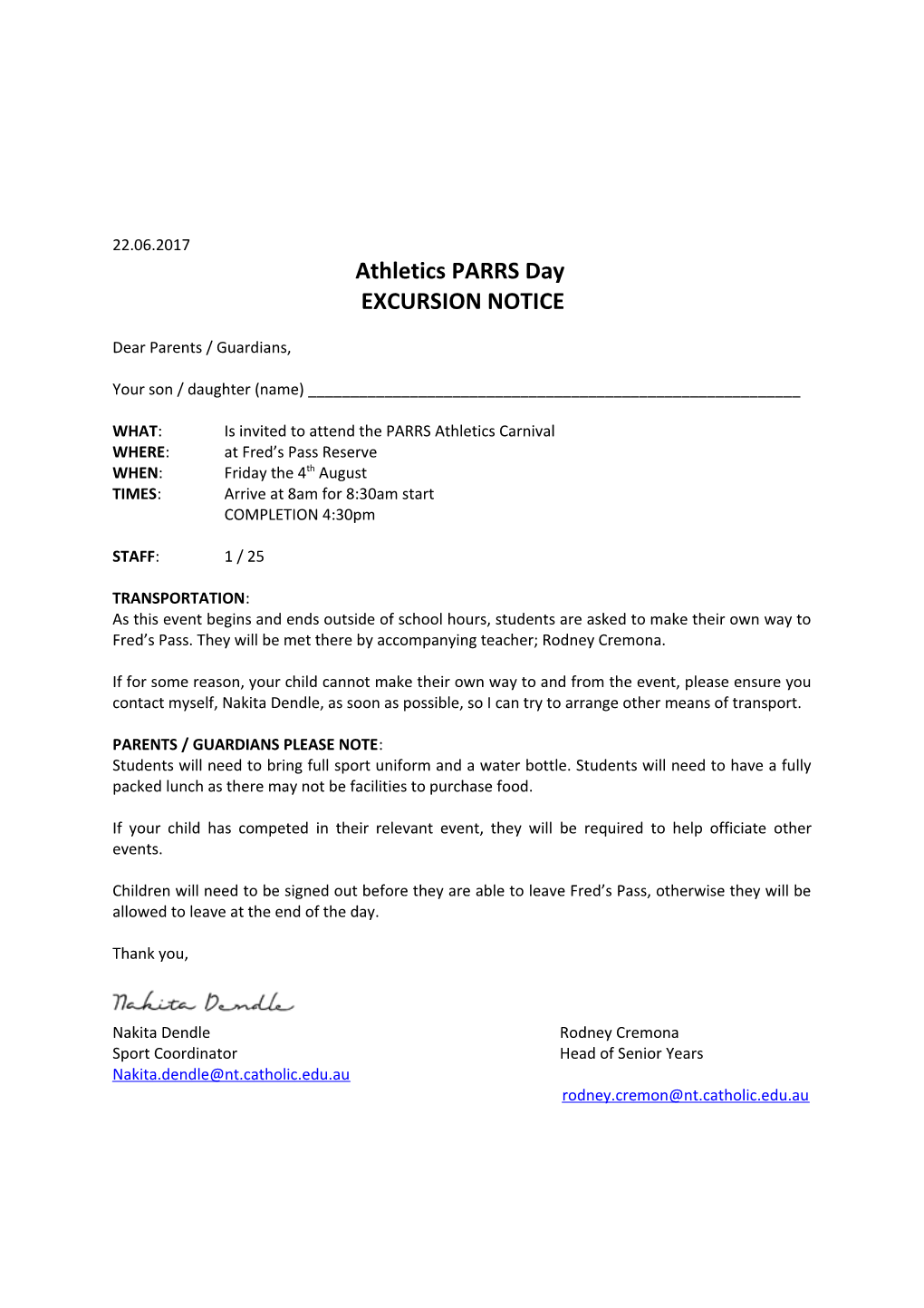 Athletics PARRS Day EXCURSION NOTICE