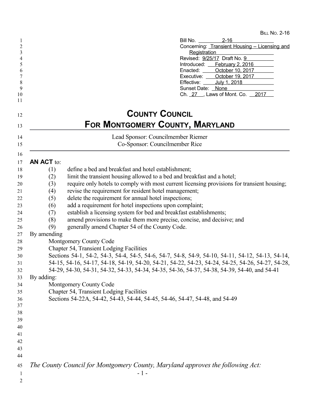 Concerning: Transient Housing Licensing and Registration