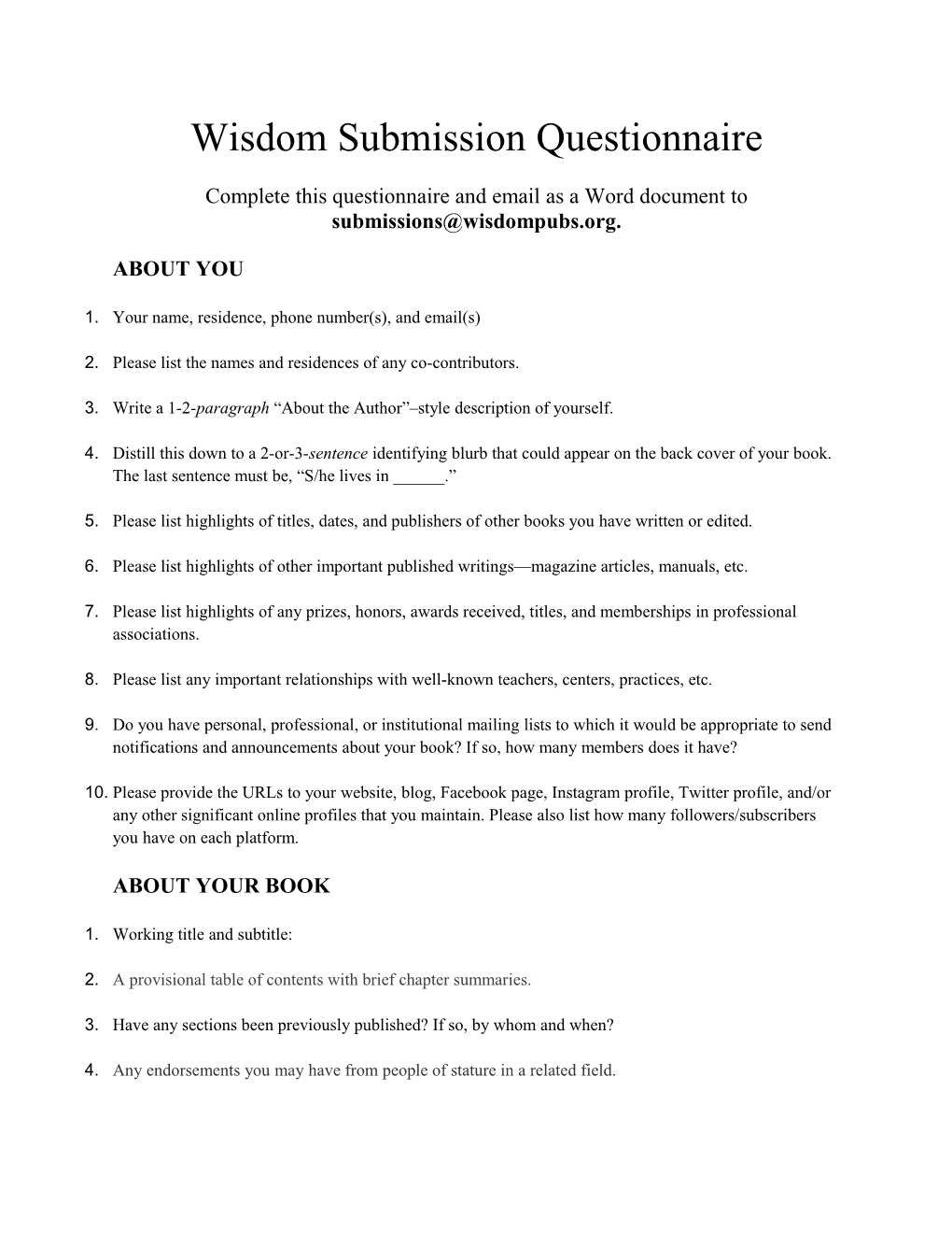 Complete This Questionnaire and Email As a Word Document To