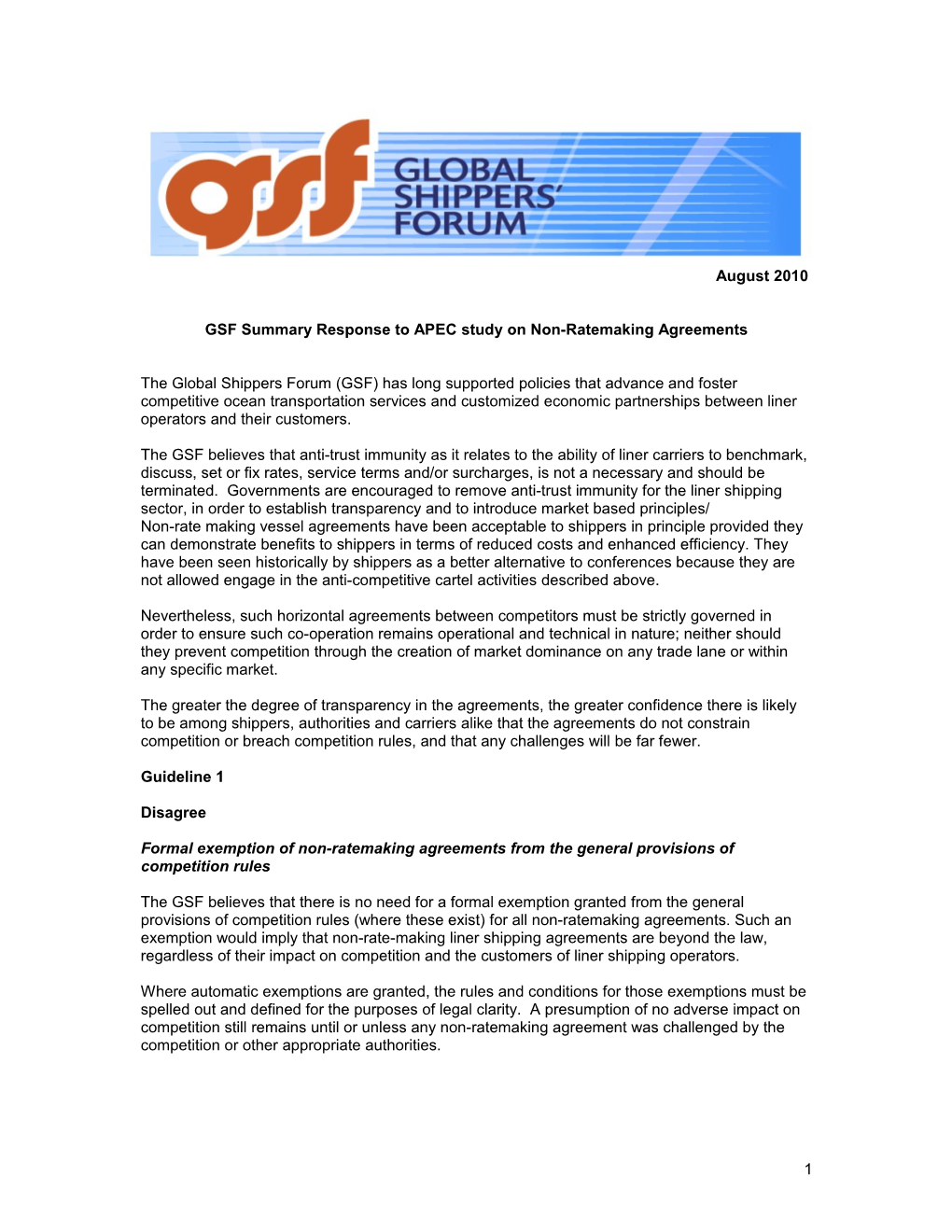 GSF Summary Response to APEC Study on Non-Ratemaking Agreements
