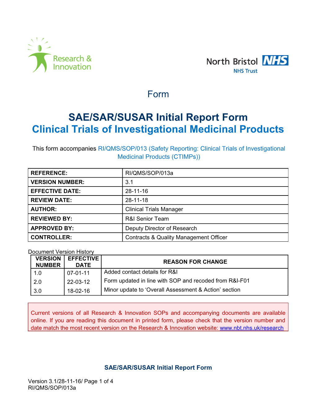 SAE/SAR/SUSAR Initial Report Form