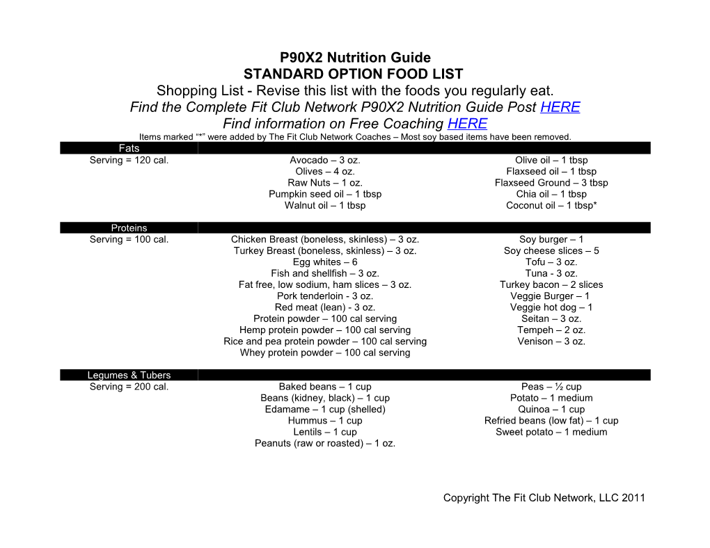 Standard Option Food List