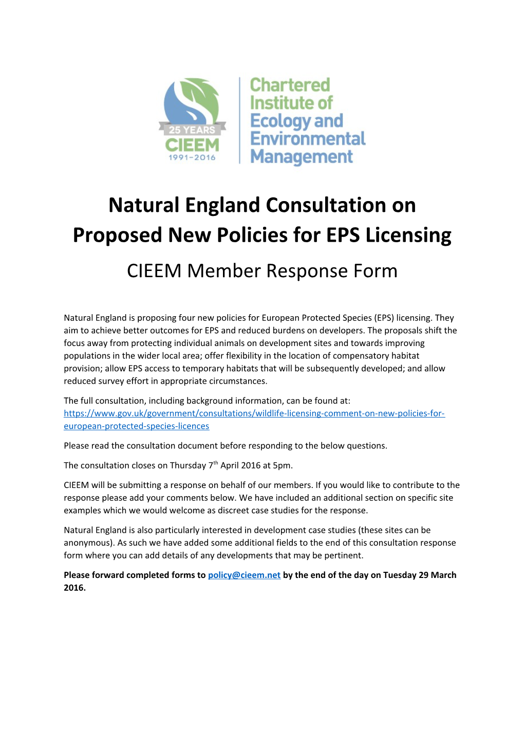 Natural England Consultation on Proposed New Policies for EPS Licensing