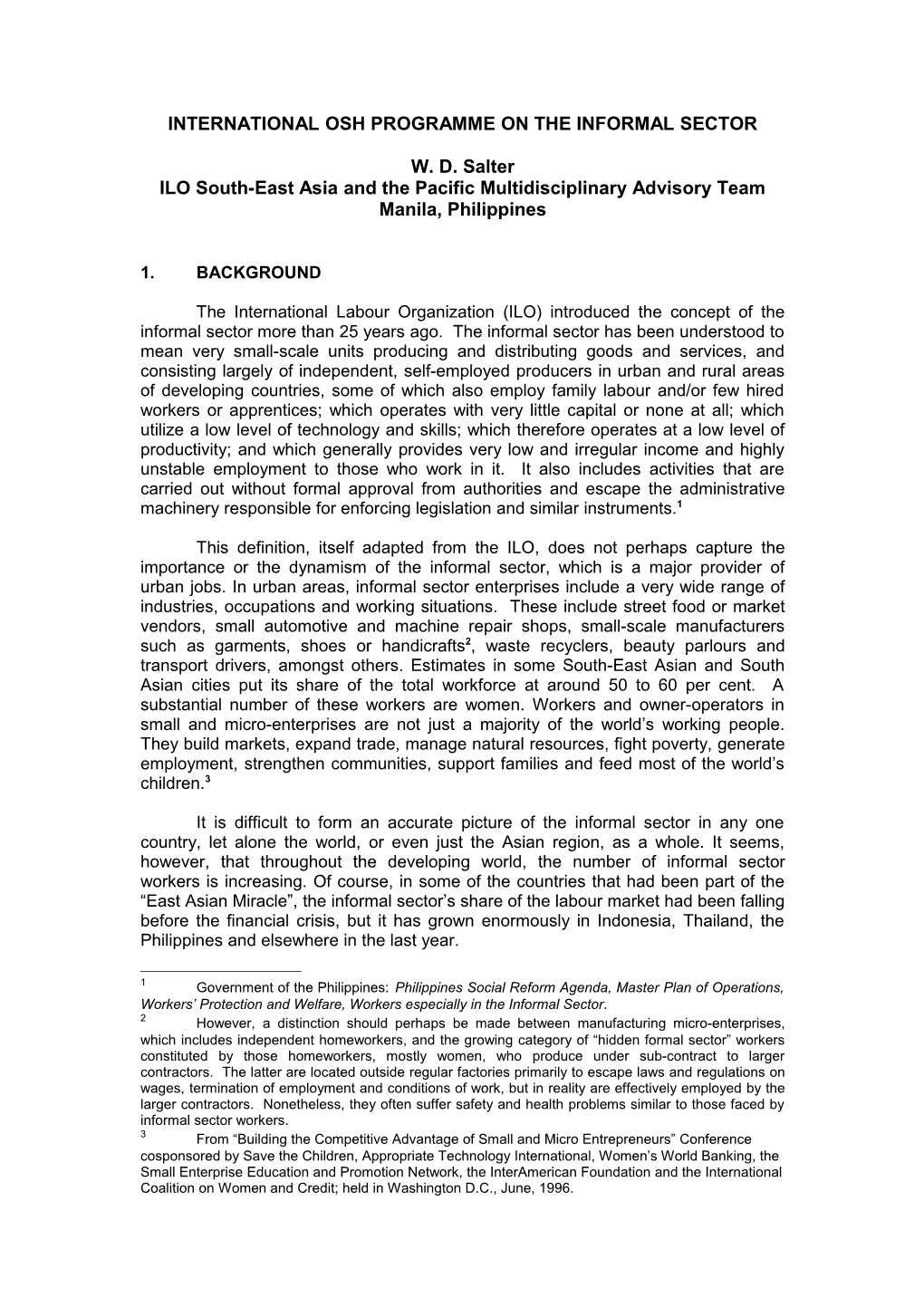 Occupational Health and Safety in the Informal Sector, an Ilo Perspective