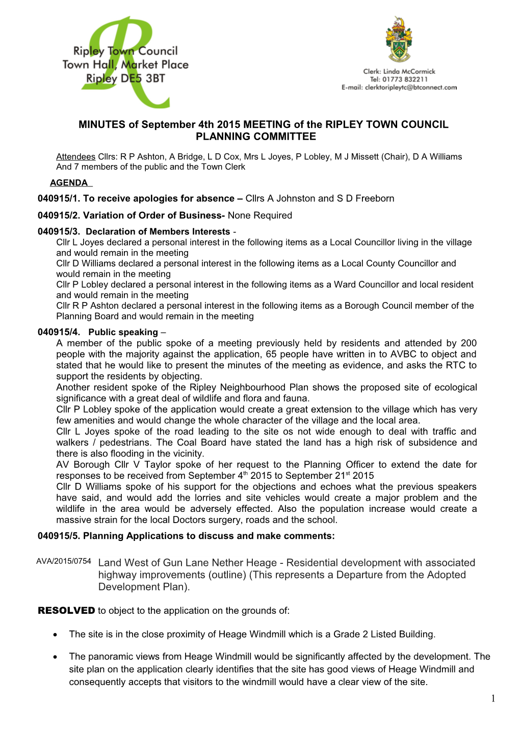 MINUTES of September4th 2015MEETING of Theripley TOWN COUNCIL PLANNINGCOMMITTEE