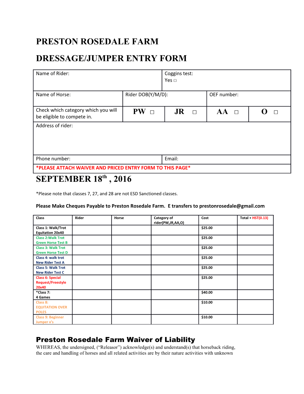 Dressage/Jumper Entry Form