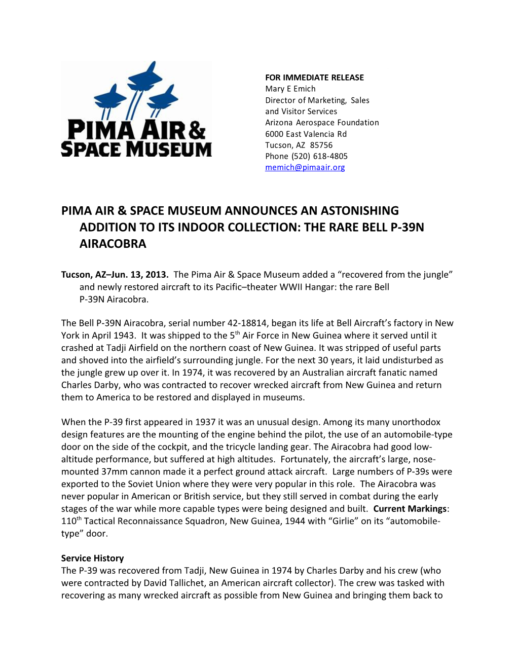 Pima Air & Space Museum Announces an Astonishing Addition to Its Indoor Collection: The
