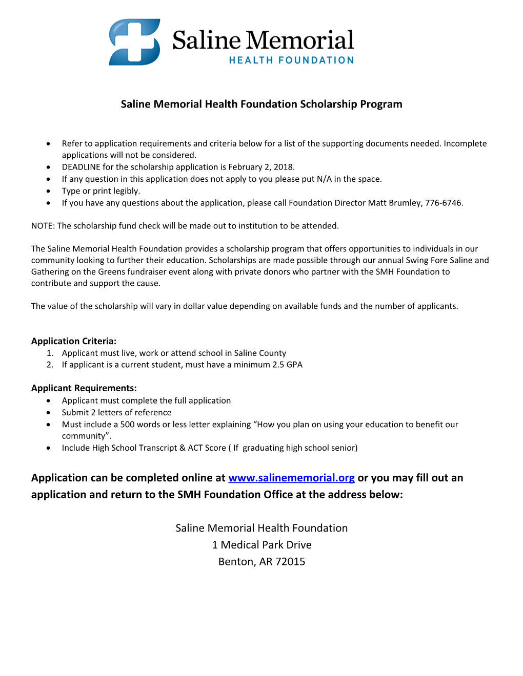 Saline Memorial Health Foundation Scholarship Program