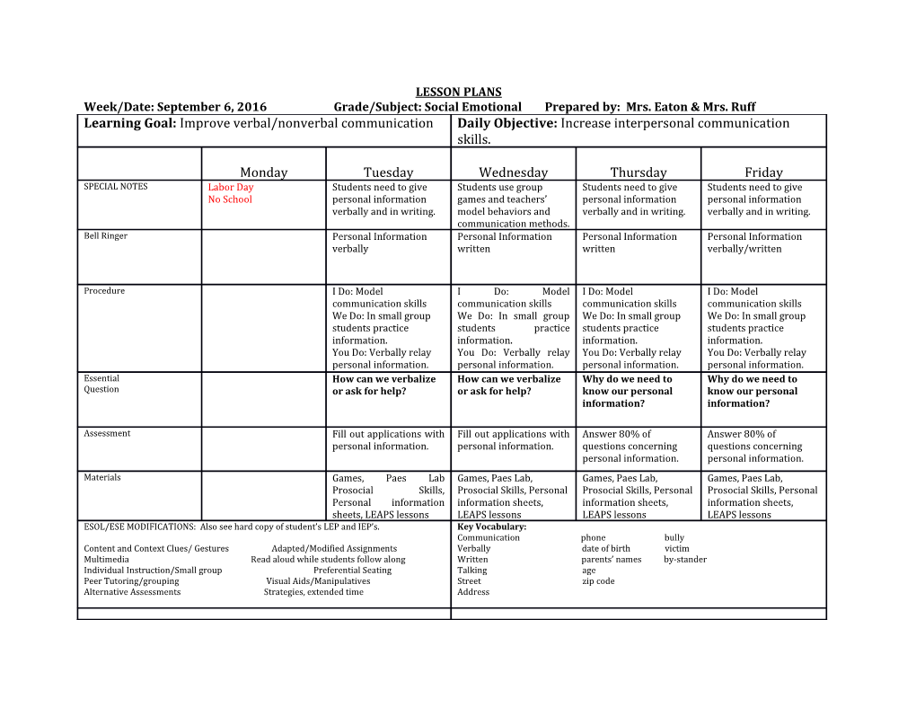 Week/Date: September 6, 2016Grade/Subject: Social Emotional Prepared By: Mrs. Eaton &