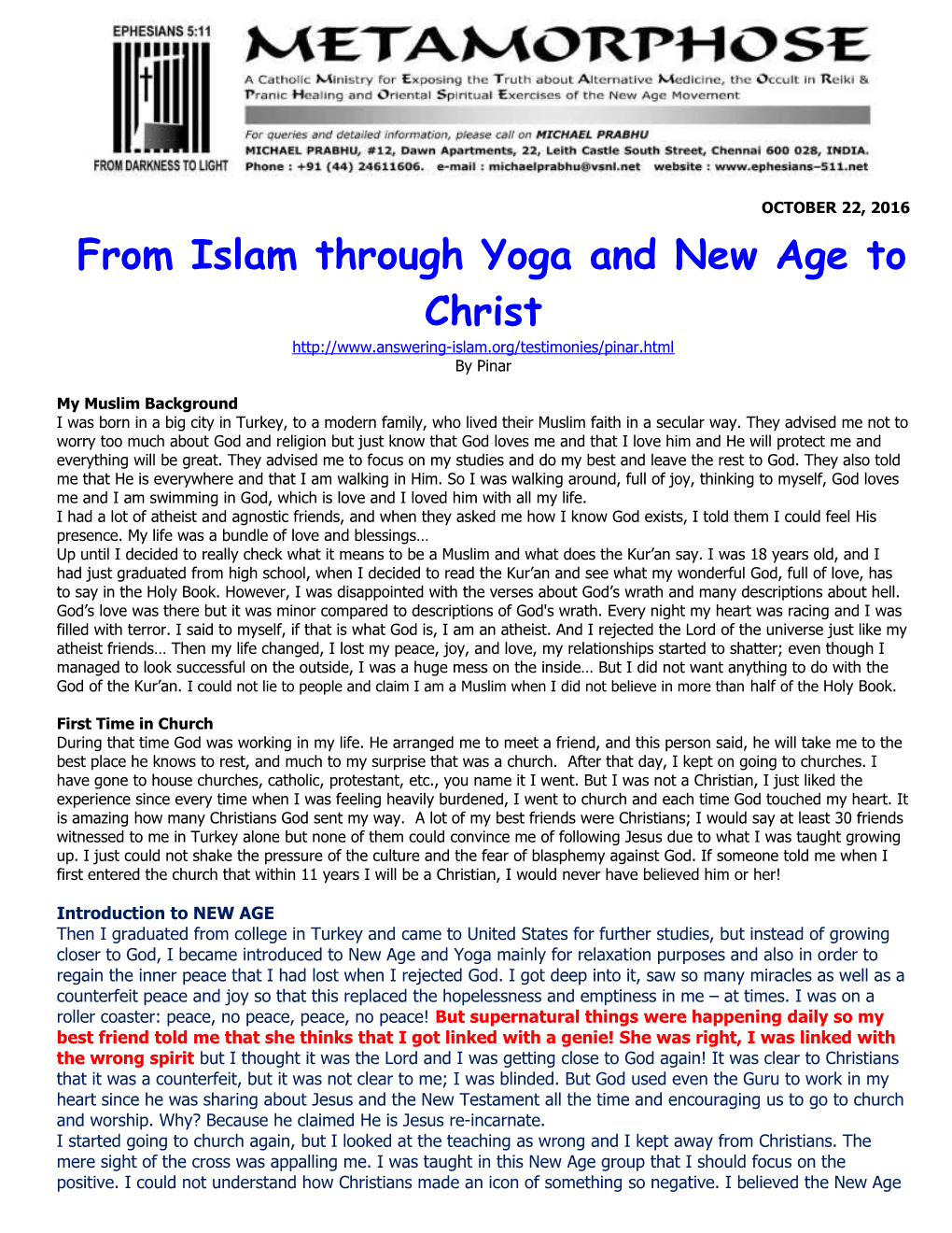 From Islam Through Yoga and New Age to Christ