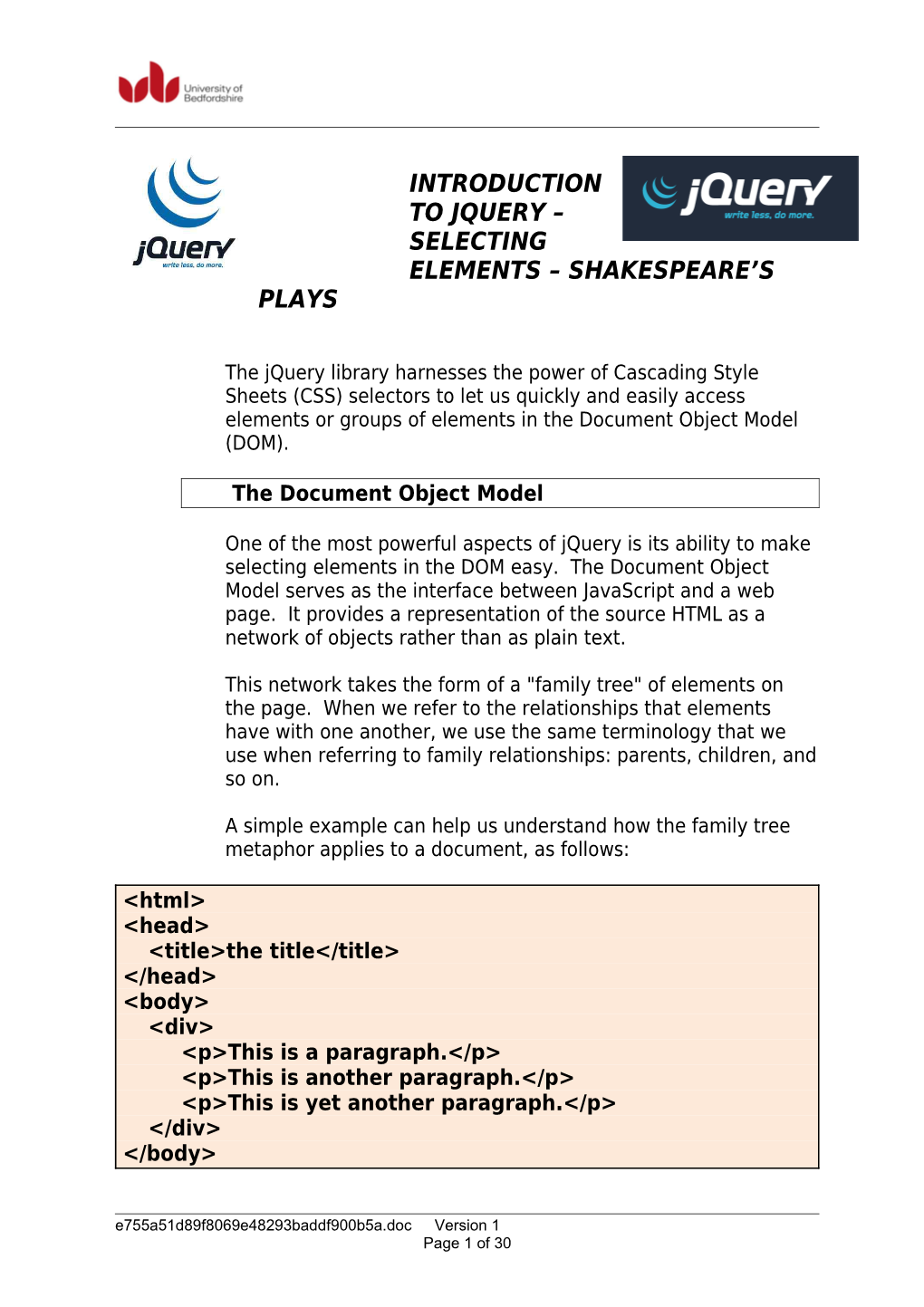 Introduction to Jquery Selecting Elements Shakespeare S Plays