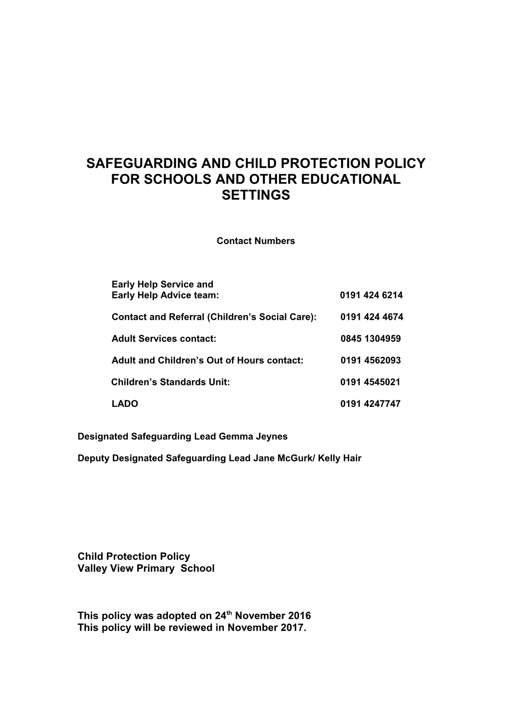 Model Child Protection Policy for Schools and Other Educational Settings