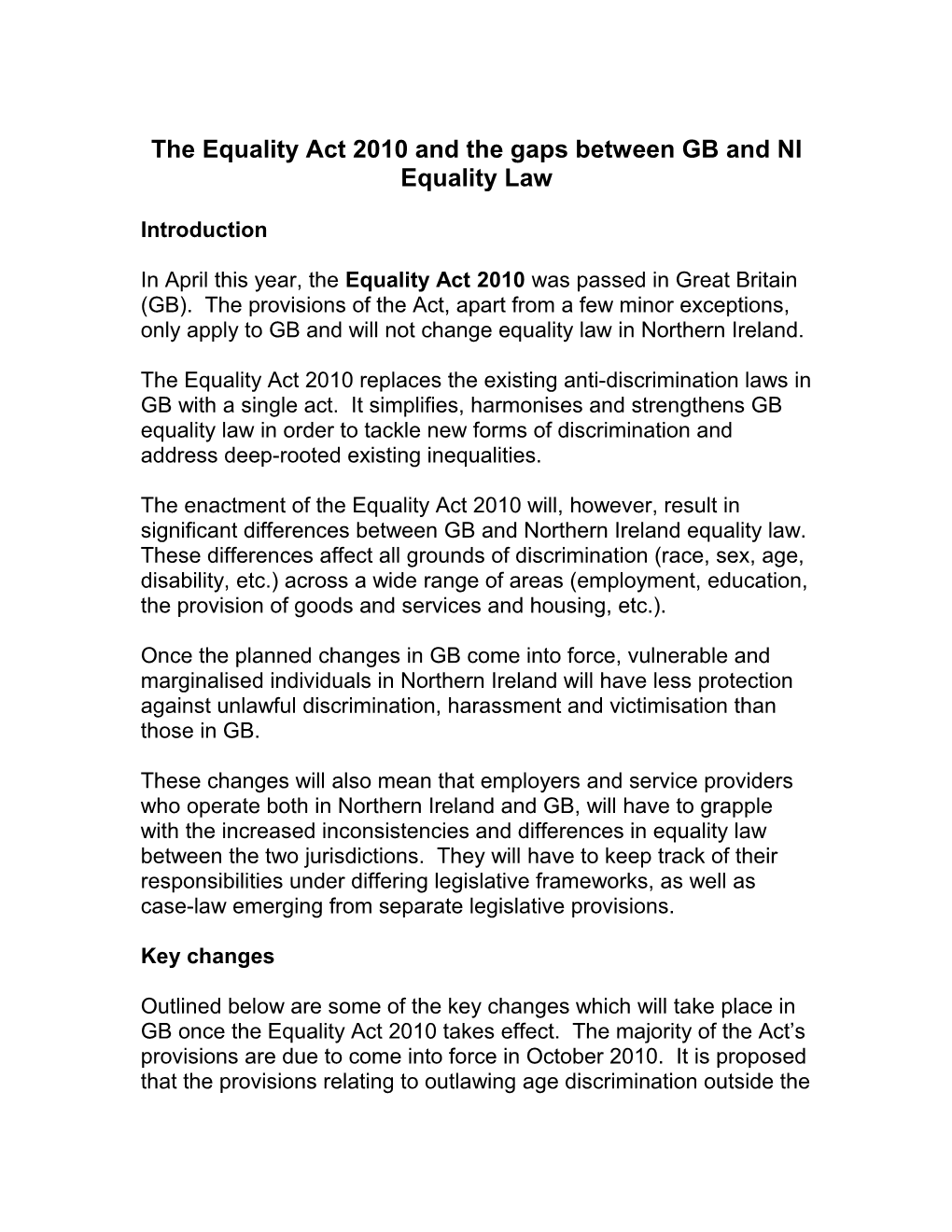 The Equality Act 2010 and the Gaps Between GB and NI Equality Law