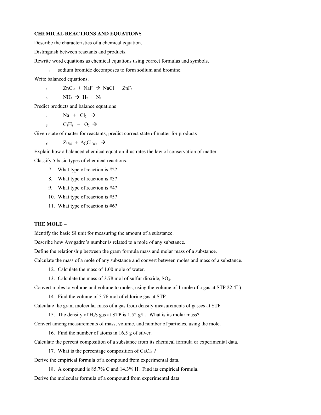 Chemical Reactions and Equations Chapter 9
