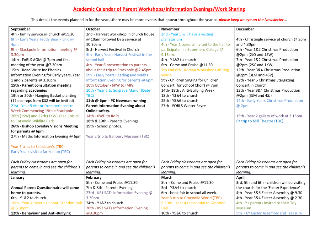 Academic Calendar of Parent Workshops/Information Evenings/Work Sharing