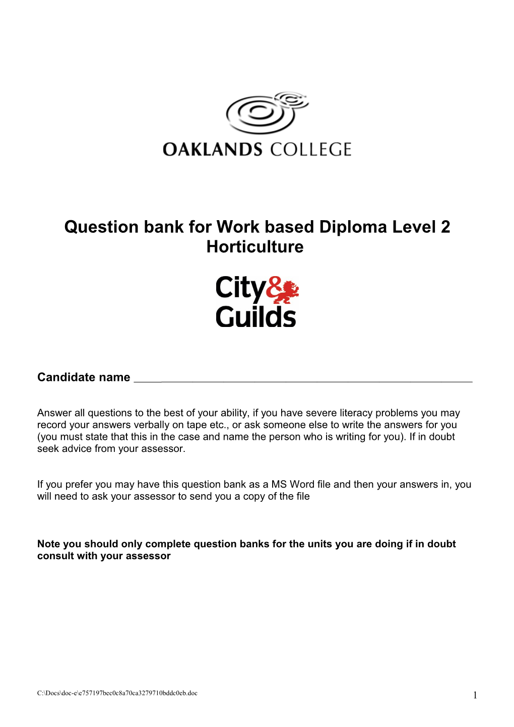 Question Bank for Work Based Diploma Level 2 Horticulture