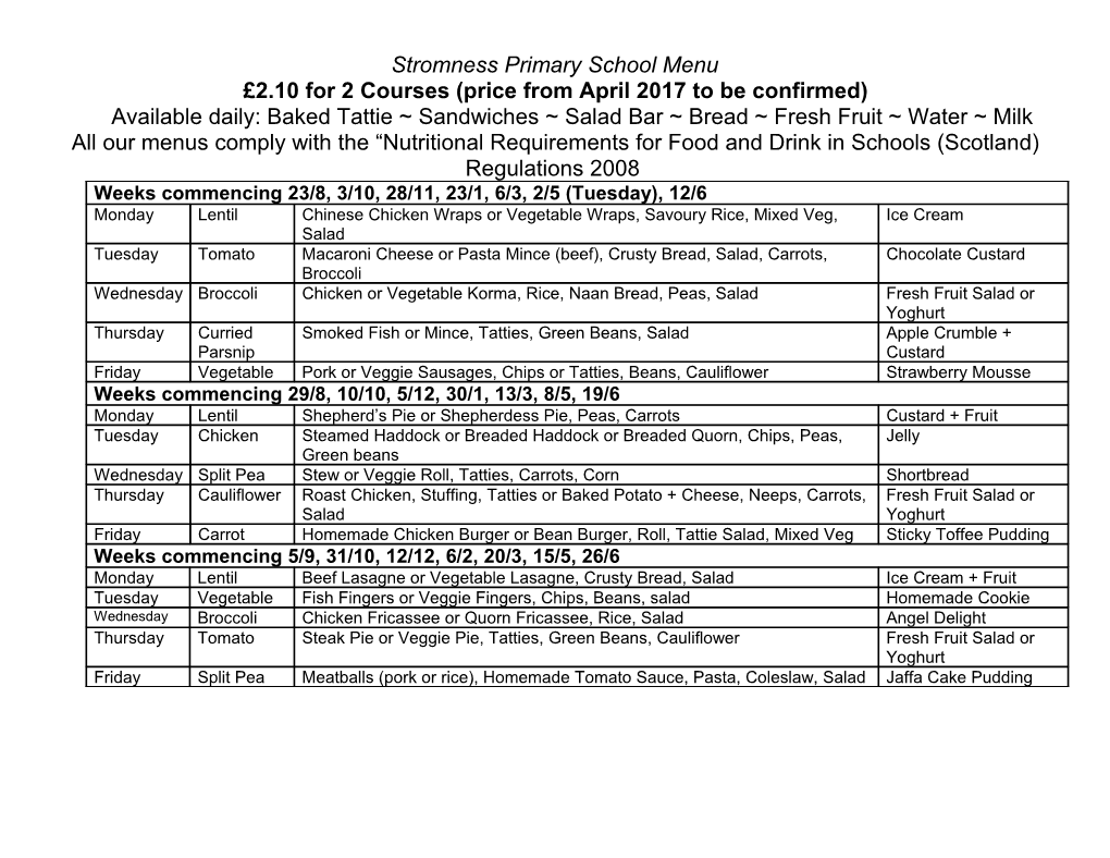 Stronsay Junior High School Lunch Menu Cycle 2010 / 2011