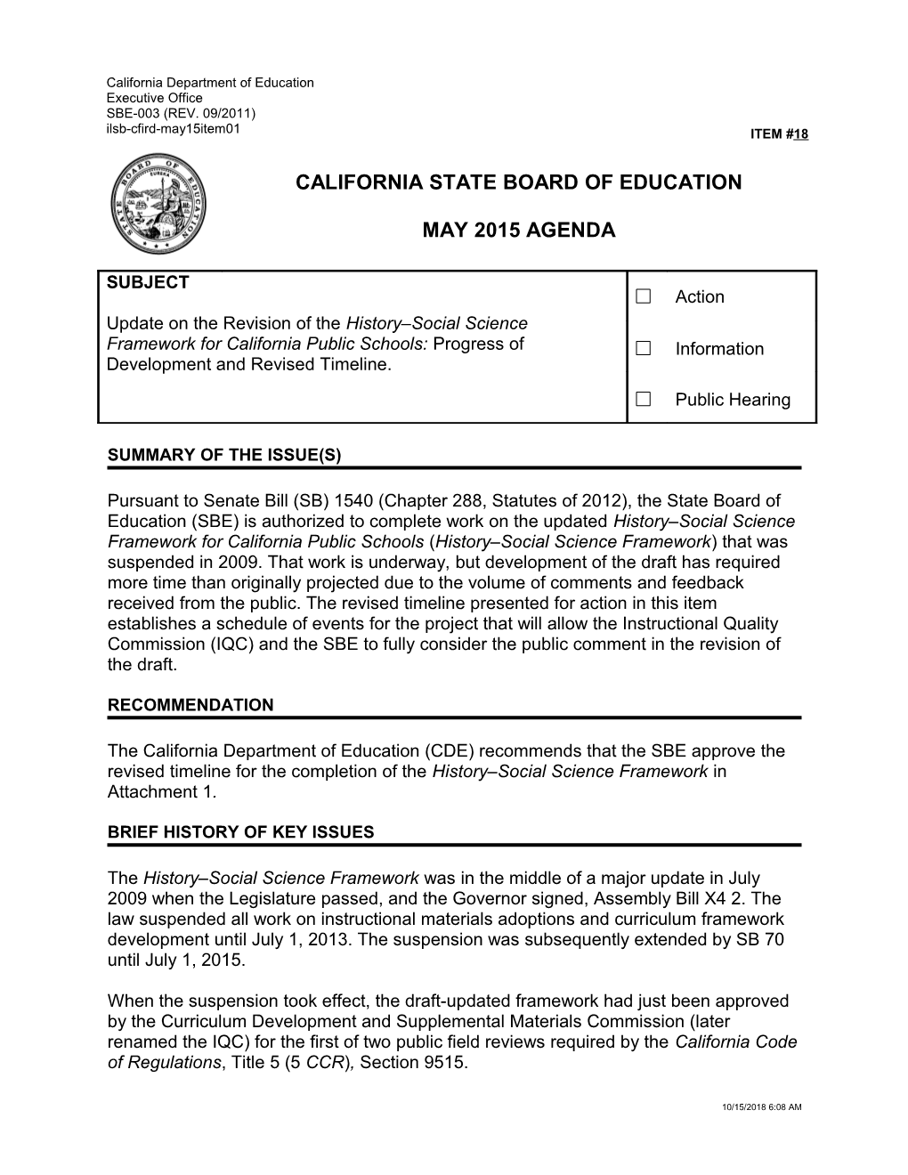 May 2015 Agenda Item 18 - Meeting Agendas (CA State Board of Education)