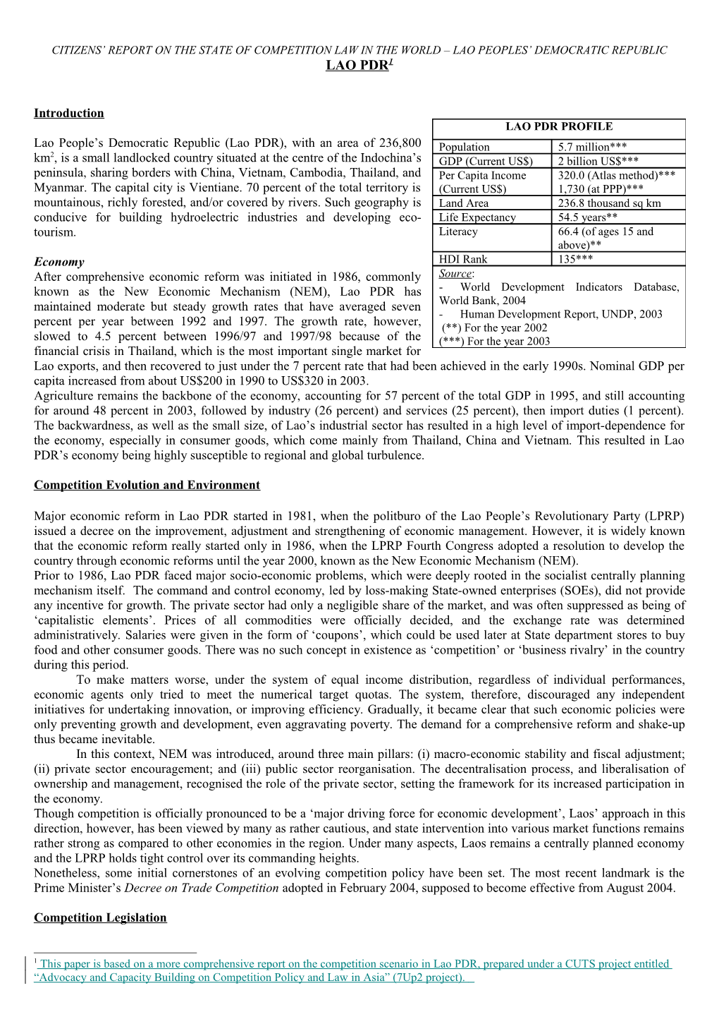 Citizens Report on the State of Competition Law in the World Lao Peoples Democratic Republic