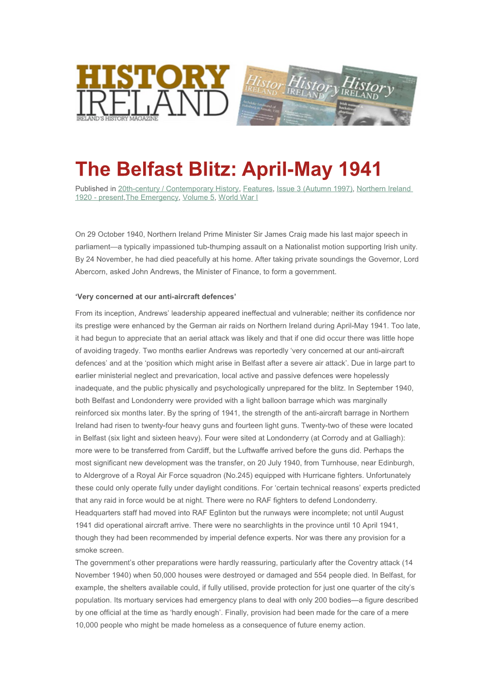 The Belfast Blitz: April-May 1941