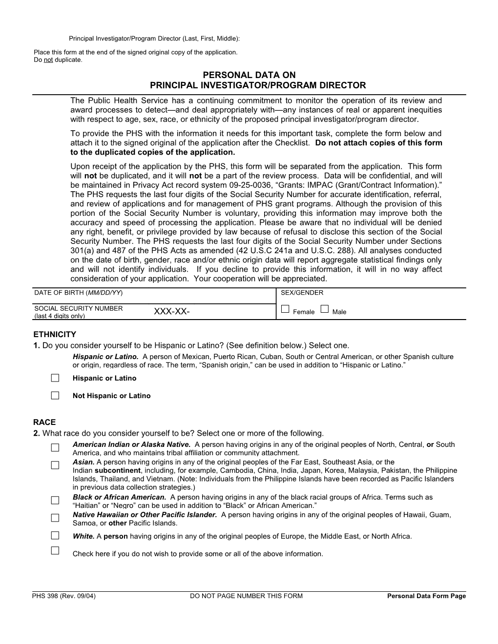 PHS 398 (Rev. 9/04), Personal Data Form Page