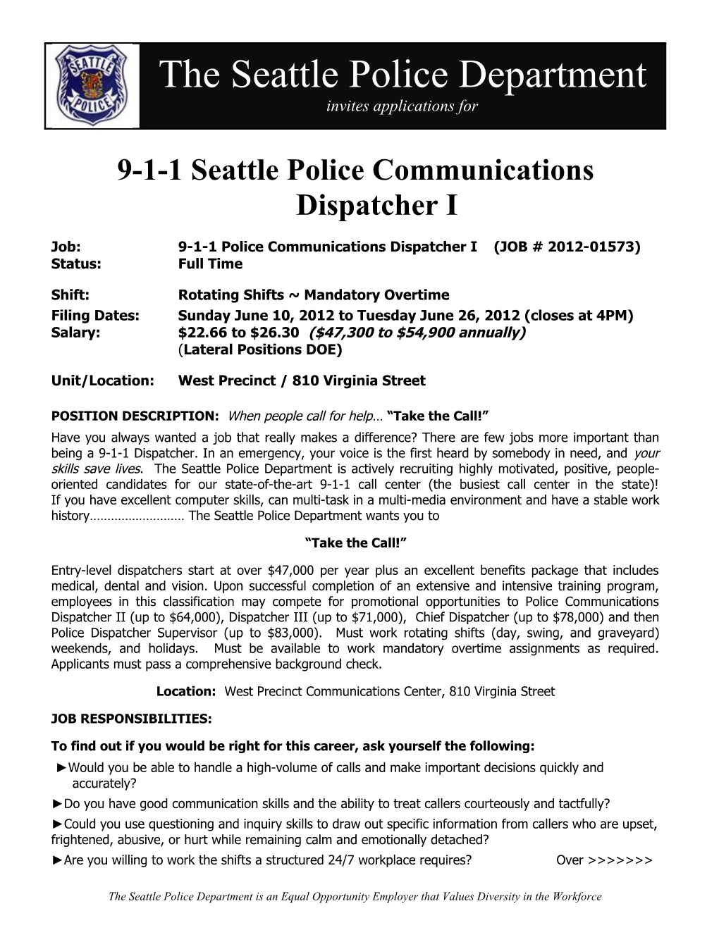 9-1-1 Seattle Police Communications Dispatcher I