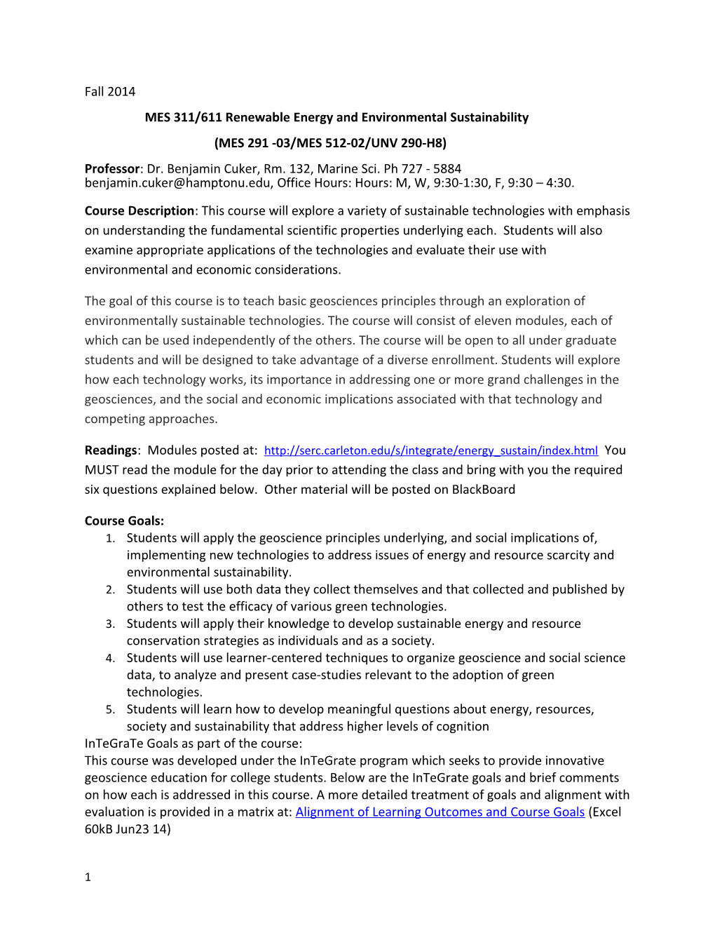 MES 311/611 Renewable Energy and Environmental Sustainability