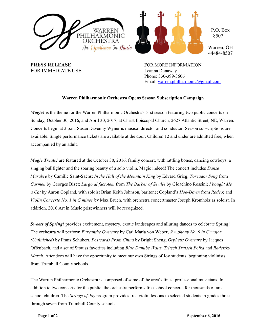 WPO Press Release: Warren Philharmonic Orchestra Opens Season Subscription Campaign