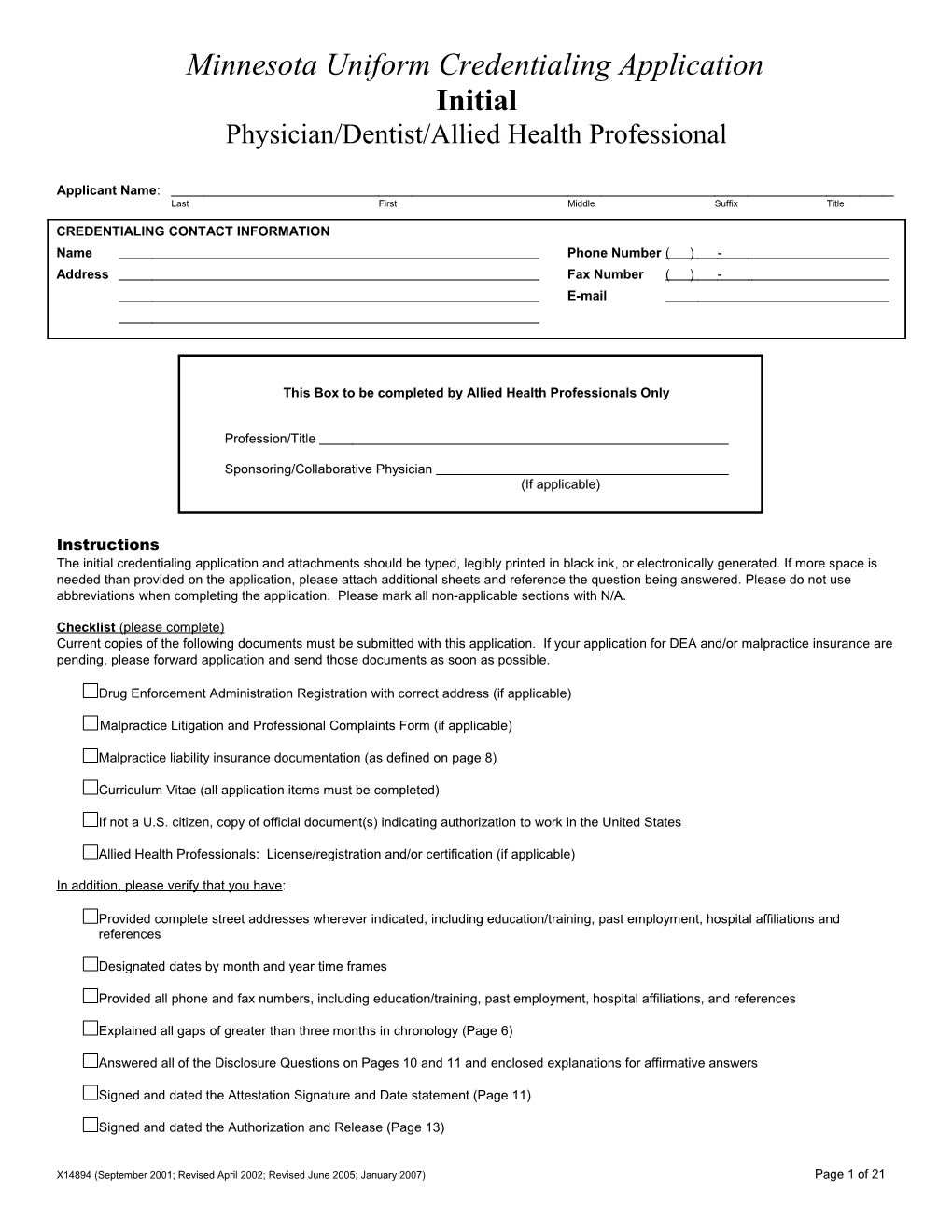 Minnesota Uniform Credentialing Application