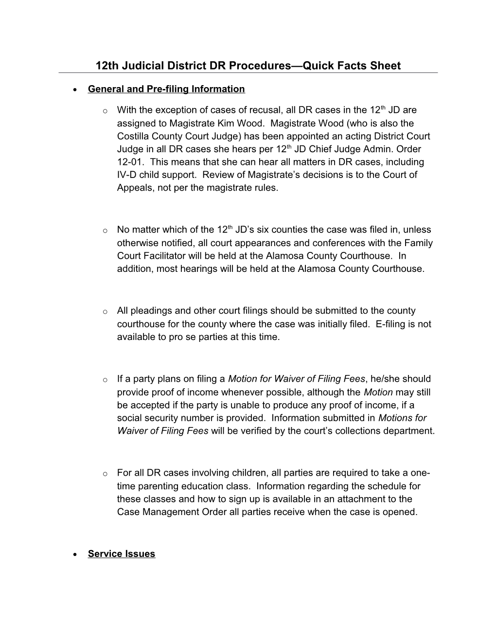 12Th Judicial District DR Procedures Quick Facts Sheet