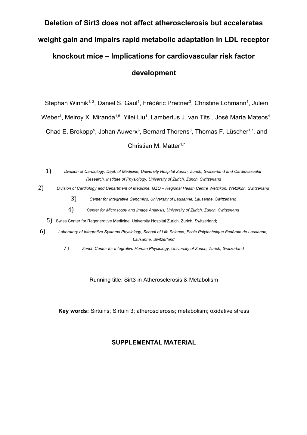 Winnik S. Et Al., Sirt3 in Atherosclerosis & Metabolism, Supplemental Material