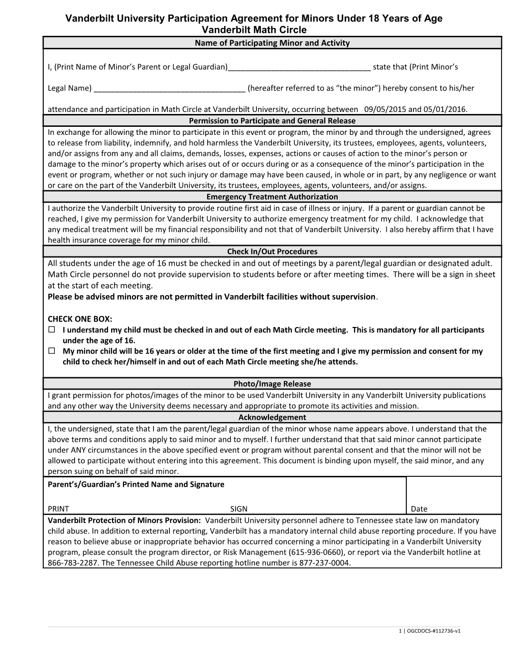 Vanderbilt University Participation Agreement for Minors Under 18 Years of Age