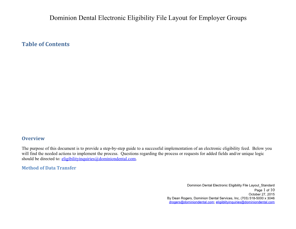 Dominion Dental Electronic Eligibility File Layout for Employer Groups