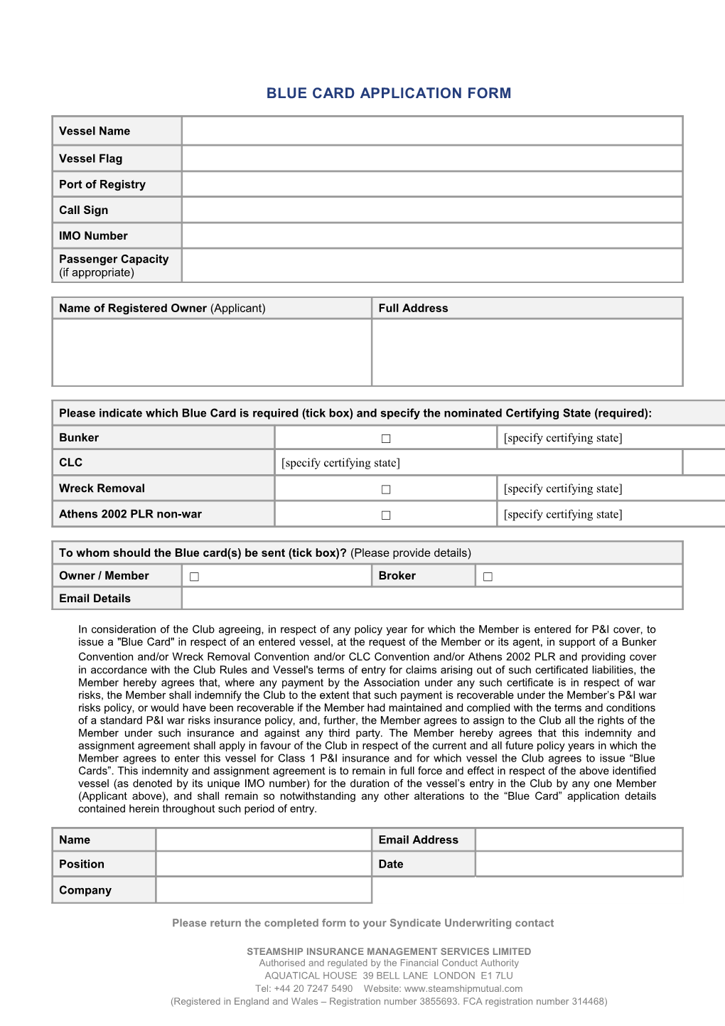 Steamship Vessel Entry Application Form