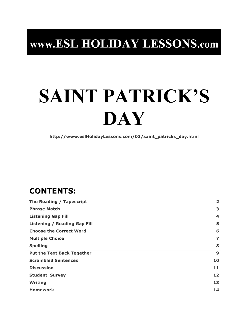 Holiday Lessons - Saint Patrick's Day