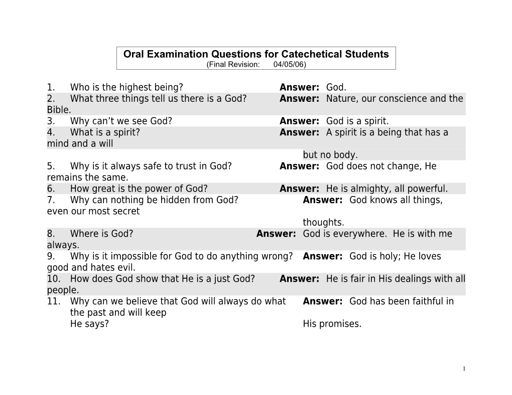 Oral Examination Questions for Catechetical Students