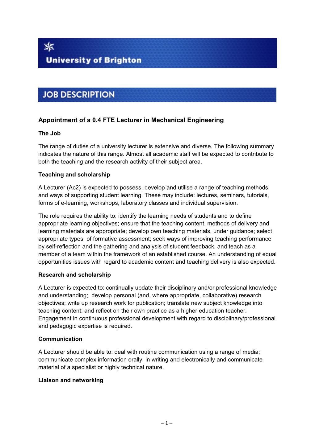 Appointment of a 0.4 FTE Lecturer in Mechanical Engineering