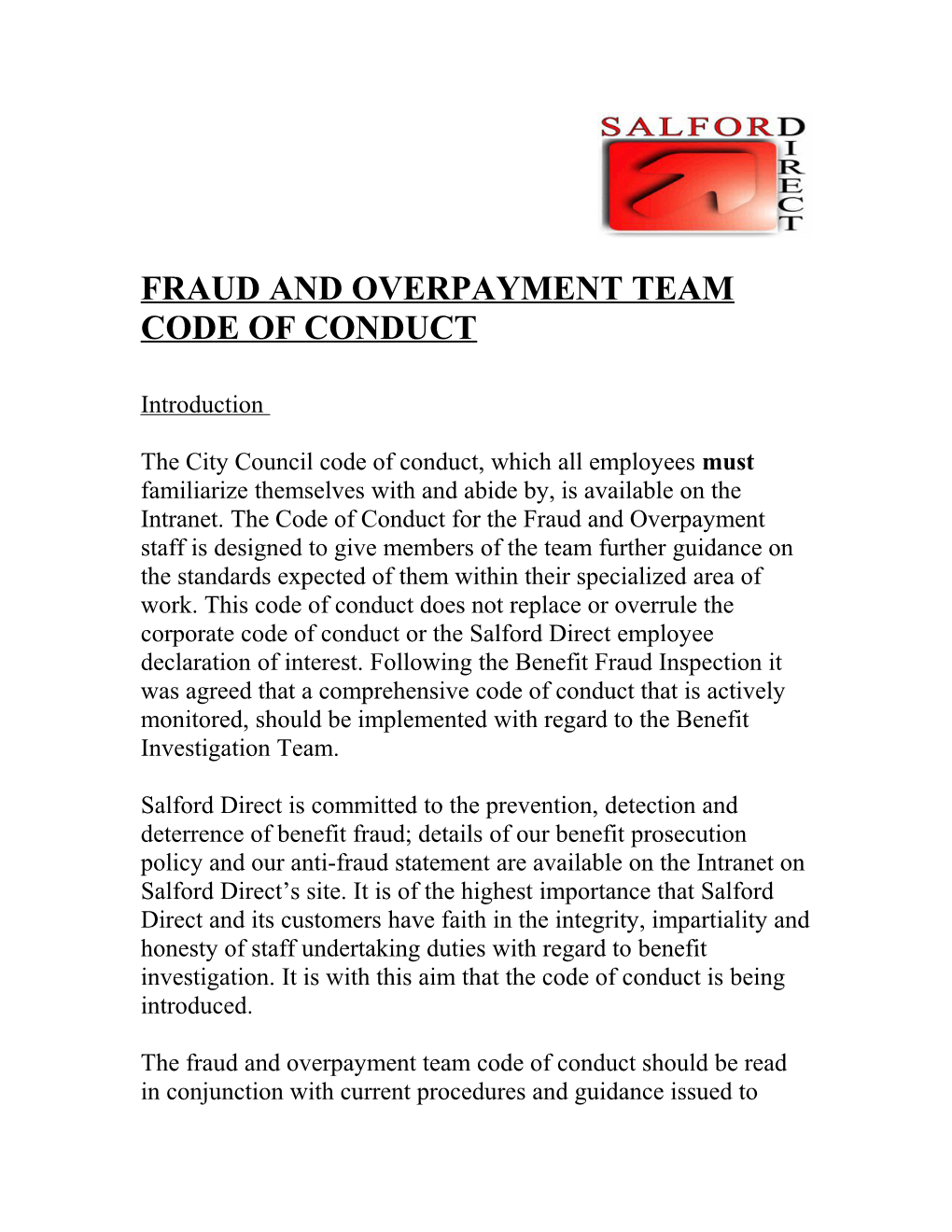 Code of Conduct for Benefit Fraud Investigation Staff