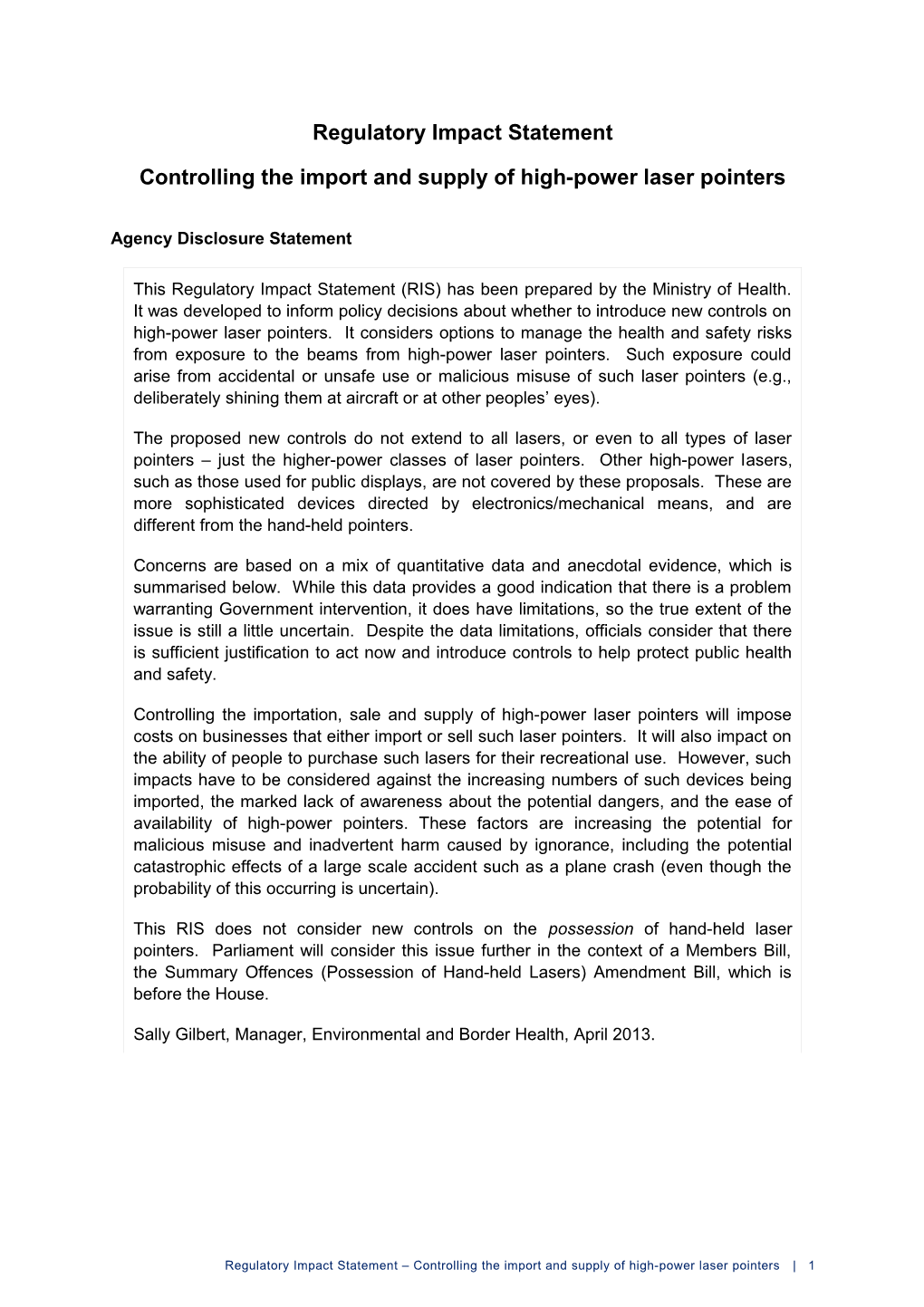 Regulatory Impact Statement - Controlling the Import and Supply of High-Power Laser Pointers