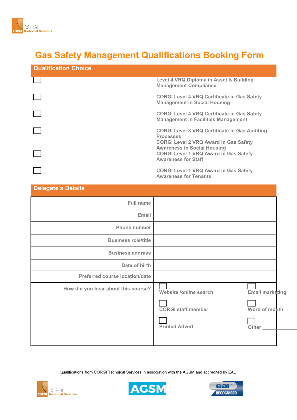 Gas Safety Managementqualificationsbooking Form