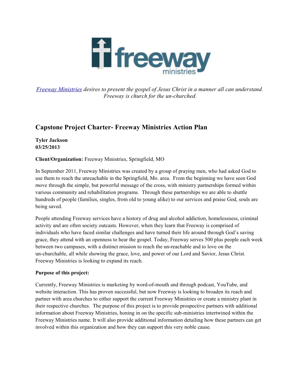 Capstone Project Charter- Freeway Ministries Action Plan